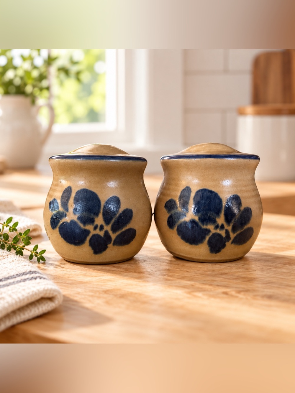 Brown Blue Floral Pfalzcraft Folk Art Ceramic Salt Pepper Shakers Set 3 Inch - Picture 1 of 5